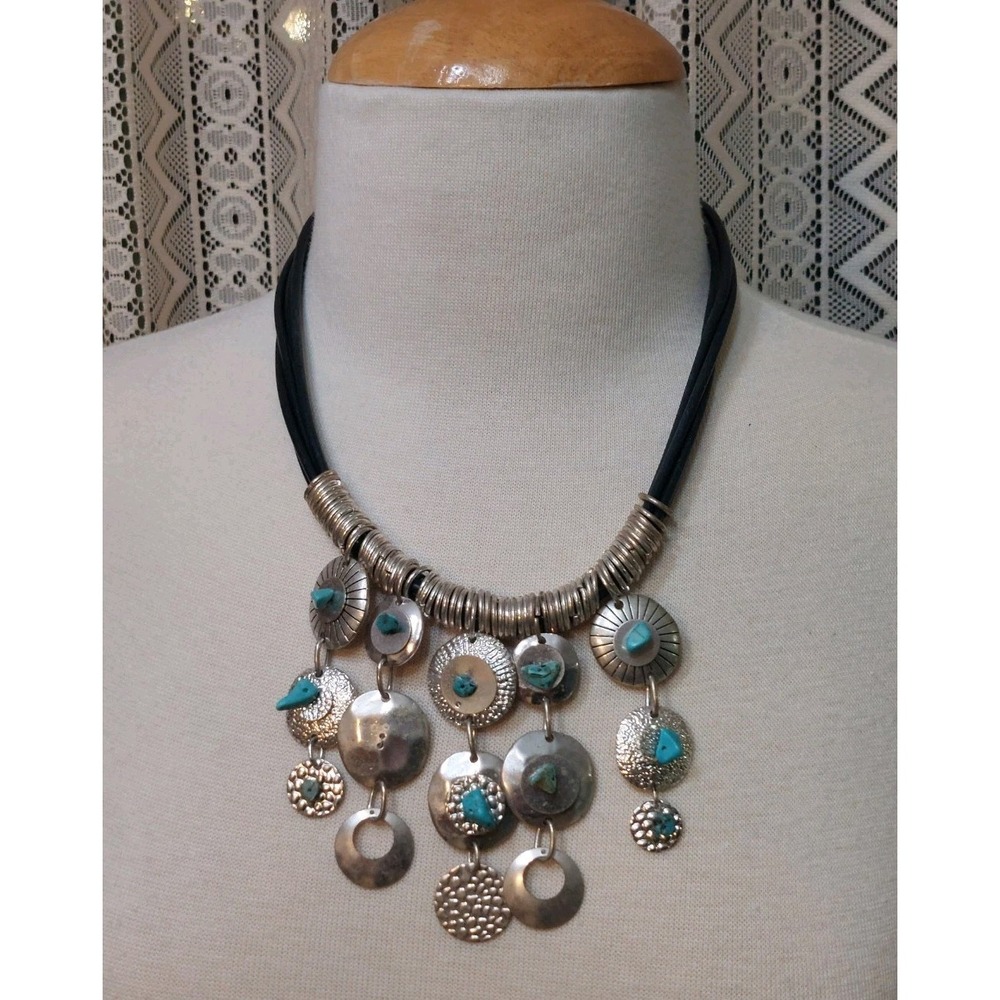 1990s Necklace Chicos Southwestern Turquoise Bib Black Cord Silver Boho Vintage